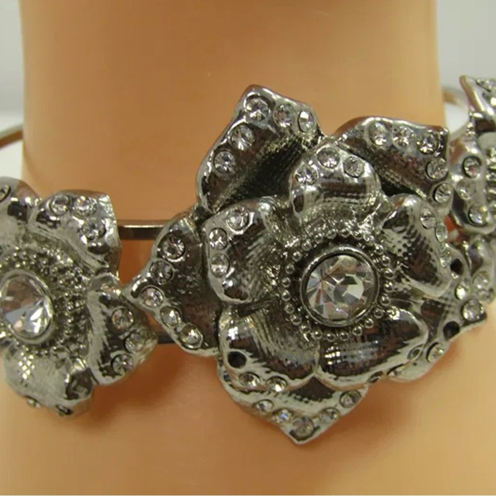 Vintage Floral & Rhinestone Wide Clamper Bracelet